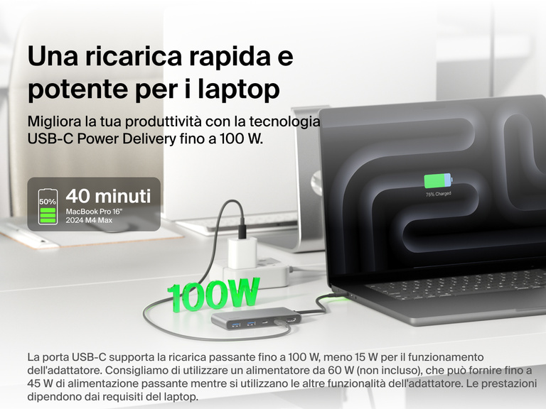 Belkin Connect 7-Port USB-C Hub with Dual USB-C Ports providing up to 100W USB-C Power Delivery for laptop charging.