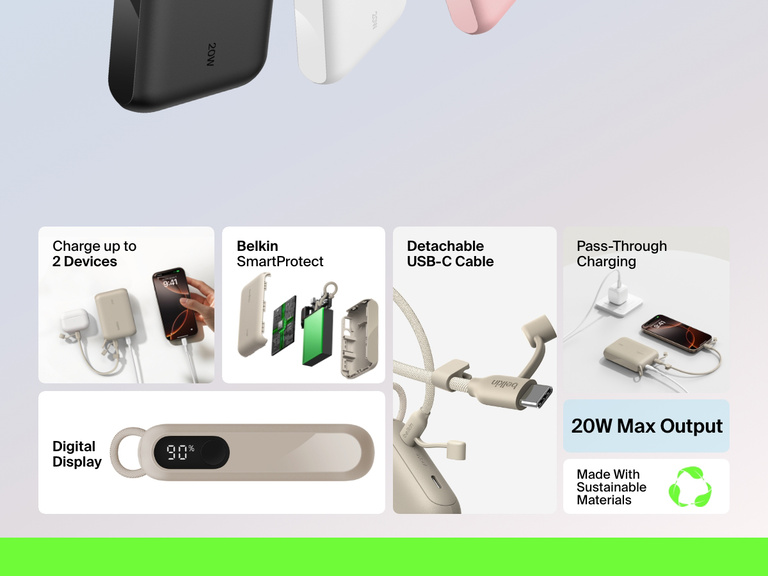 Infographic highlighting key features of the Belkin BoostCharge Power Bank 10K with Display, including 20W output, dual-device charging, digital battery display, detachable USB-C cable, pass-through charging, Belkin SmartProtect, and sustainable materials.