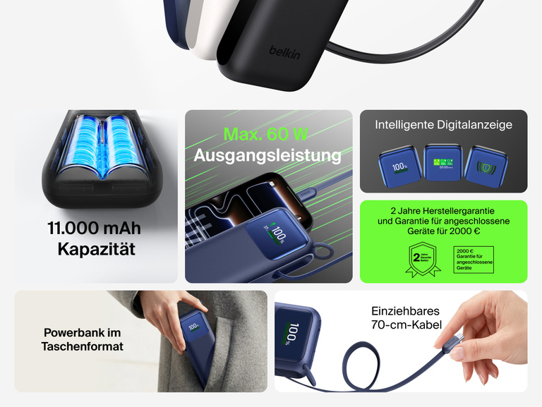 Die Funktions&uuml;bersicht der &zwnj;UltraCharge 11K-Powerbank mit einziehbarem Kabel zeigt die 11K-Kapazit&auml;t, das kompakte und handliche Design, eine maximale Ausgangsleistung von 60 W, ein 70 cm langes einziehbares Kabel, ein intelligentes digitales Display und eine 2-j&auml;hrige Herstellergarantie sowie Garantie f&uuml;r angeschlossene Ger&auml;te f&uuml;r 2.000&nbsp;&euro;
