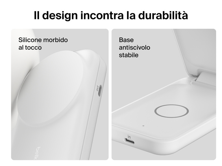 Primo piano del caricabatteria magnetico pieghevole 2 in 1 con Qi2 da 25 W Belkin UltraCharge che evidenzia i materiali in silicone morbido al tatto e la base piena antiscivolo per una maggiore durabilità e una ricarica più sicura.