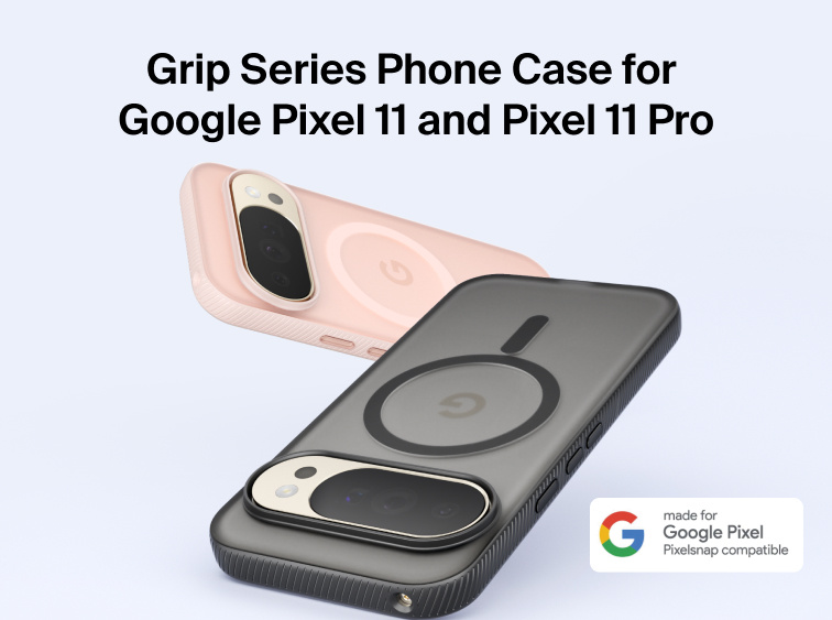 Belkin Grip Series Case for Google Pixel 11 in black and pink with PixelSnap compatibility, anti-slip grip, and Qi2 wireless charging support.