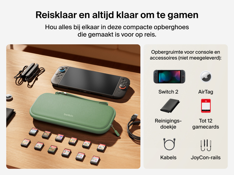 Belkin Gaming Travel Case for Nintendo Switch 2 displayed on a table with compatible accessories including game cards, cables, JoyCon rails, AirTag, and cleaning cloth (all sold separately).