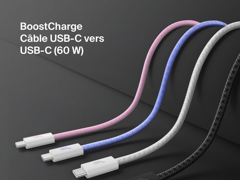 Image présentant les quatre couleurs disponibles (rose, bleu, blanc, noir) du câble USB-C vers USB-C Belkin BoostCharge (60 W), un câble de recharge rapide avec gaine tressée pour dispositifs compatibles USB-C.