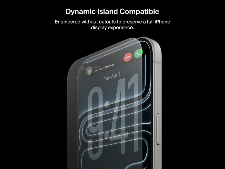 Belkin ScreenForce UltraGlass 2 Screen Protector is Dynamic Island compatible, preserving full iPhone display without cutouts.