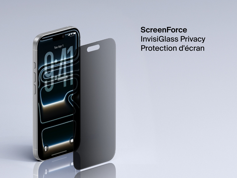 Belkin ScreenForce InvisiGlass Privacy Screen Protector for iPhone adds screen protection with side-angle privacy filter.