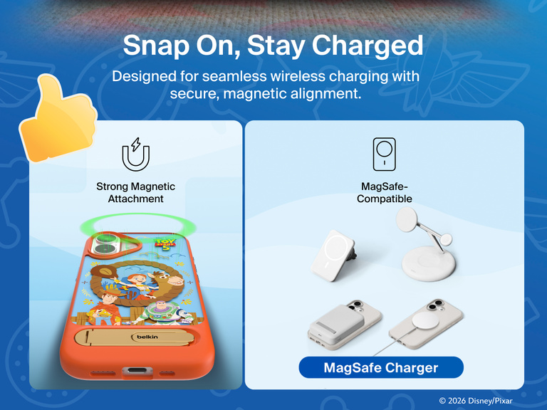 Belkin SheerForce Toy Story 5 Magnetic Protective Case with Kickstand for iPhone with MagSafe compatibility and strong magnetic alignment for wireless charging.