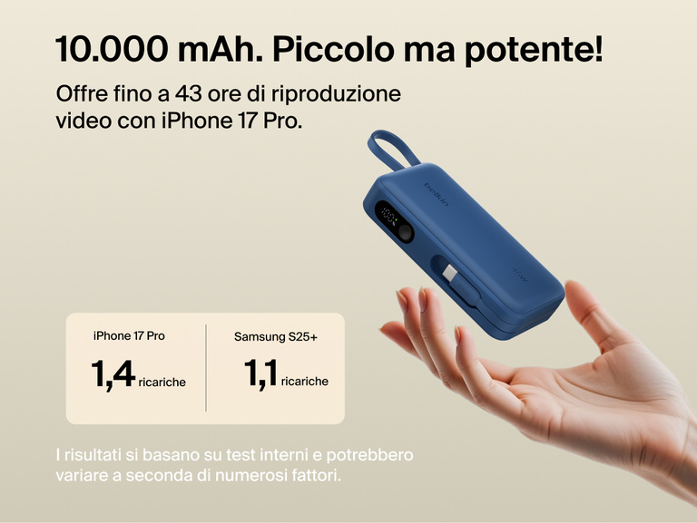 Belkin UltraCharge 10K power bank with integrated USB-C cable and digital display, delivering up to 45W fast charging and extended battery life for smartphones