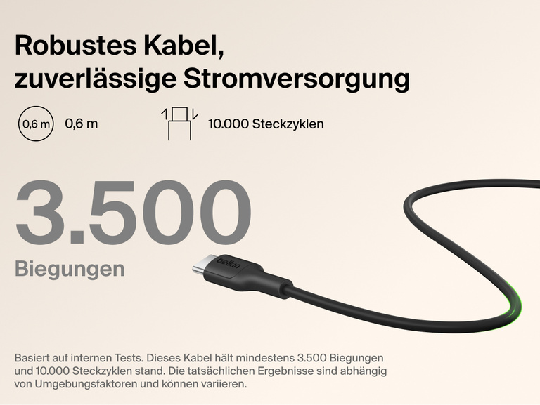 Belkin BoostCharge Slim Magnetic Power Bank 5K with Qi2 includes a durable USB-C to USB-C cable designed for long-lasting, reliable charging performance.