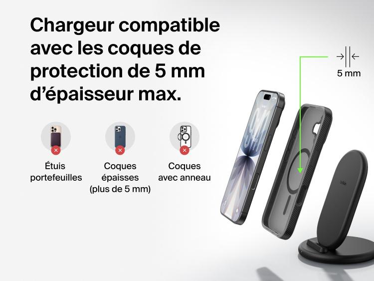 Belkin BoostCharge Wireless Charging Stand 15W shown charging through phone cases up to 5mm thick, not compatible with wallet cases, thick cases, or ring grips.