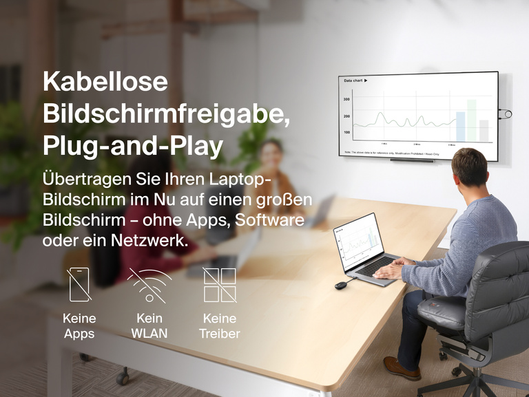 Es wird gezeigt wie der kabellose Belkin ConnectAir HDMI-Display-Adapter mit Plug-and-Play eine &Uuml;bertragung von Laptops auf einen Bildschirm an der Wand erm&ouml;glicht&nbsp;&ndash; ohne Apps, WLAN oder Treiber.