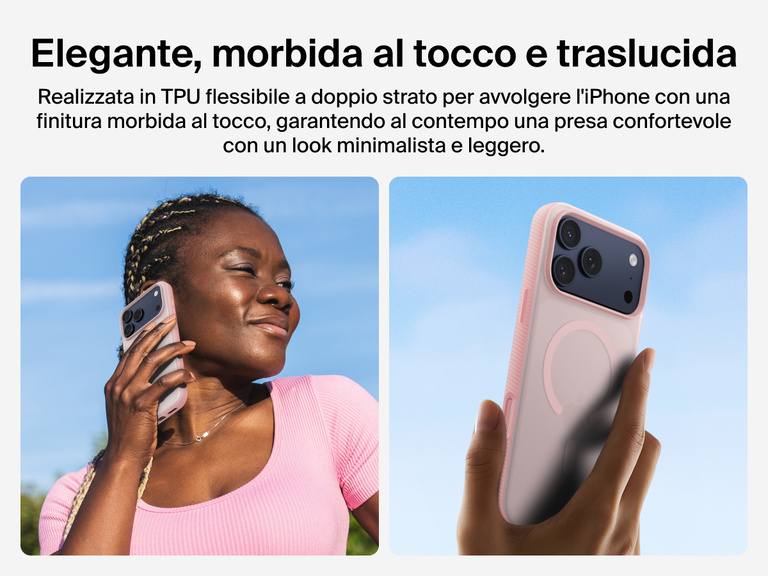 Belkin SheerForce Grip Series Case for iPhone 17 with slim translucent design and soft-touch finish for a comfortable grip.