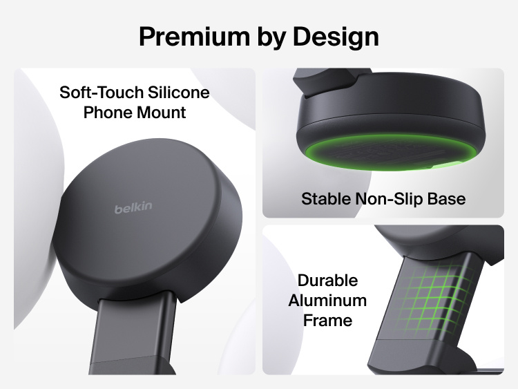 Belkin UltraCharge Pro 2-in-1 Convertible Magnetic Charger with Qi2 25W features a soft-touch silicone phone mount, durable aluminum frame, and a stable non-slip base for a premium charging experience.