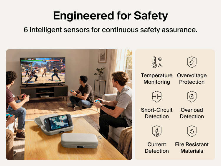 Belkin Gaming Charging Case Pro for Nintendo Switch 2 shown in a living room setup highlighting engineered safety features including temperature monitoring, overvoltage protection, overload detection, and fire-resistant materials.