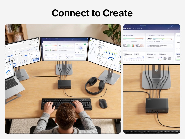 Top-down view of a workstation with a laptop connected to three monitors via a USB-C docking station, showing a user working across multiple screens, alongside a close-up of the dock with connected cables.