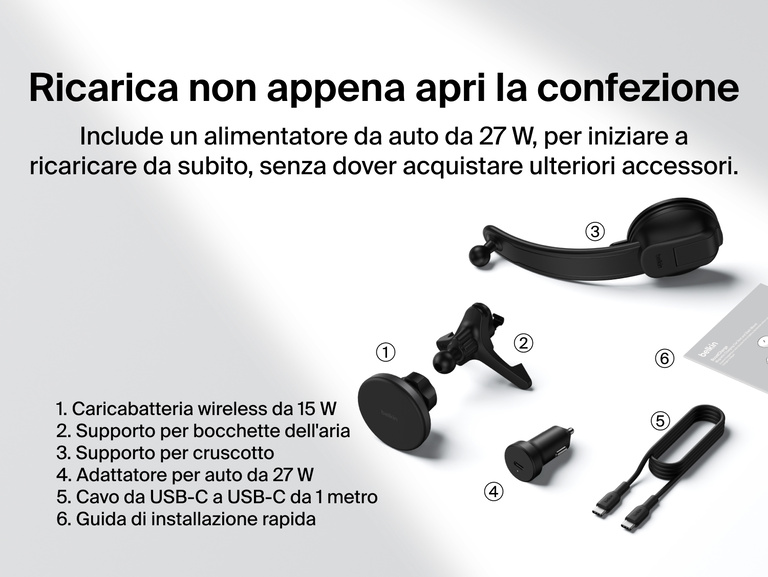 Belkin BoostCharge Magnetic Wireless Charging Car Vent and Dash Mount shown with all included components: 15W charger, vent mount, dash mount, 27W car adapter, USB-C cable, and quick start guide.
