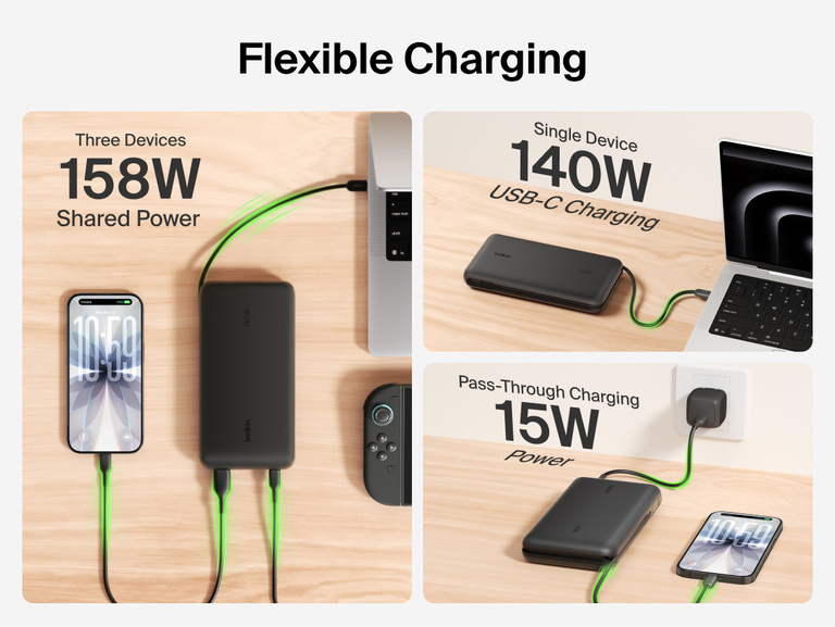 Belkin UltraCharge Pro Laptop Power Bank 25K demonstrating flexible charging with up to 158W shared output, 140W single-device USB-C charging, and pass-through charging capability