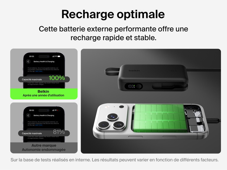 Belkin UltraCharge 10K power bank with integrated USB-C cable and digital display featuring optimized fast and stable charging to support long-term battery health
