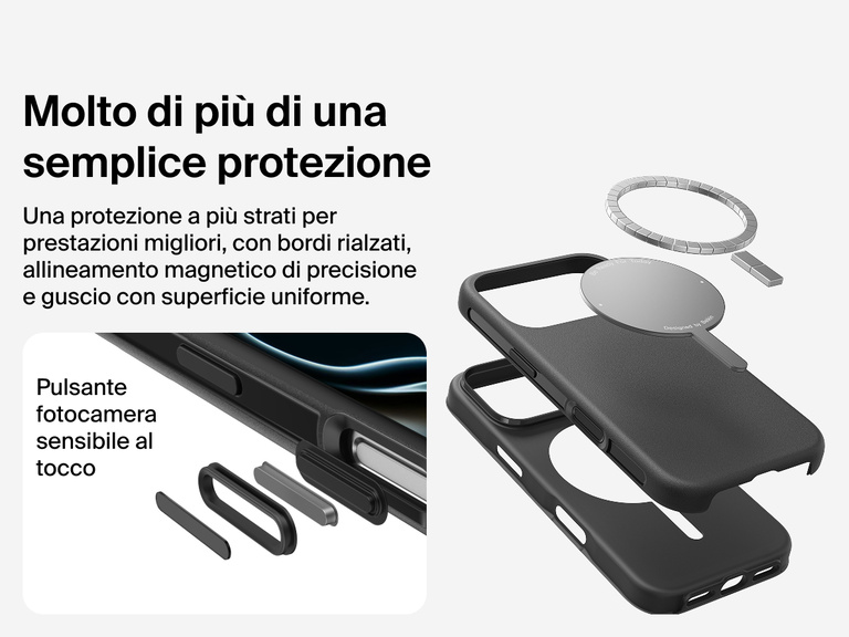Immagine della custodia Belkin SheerForce Protect Series per iPhone 17 che evidenzia la compatibilit&agrave; con MagSafe e Qi2 per un aggancio magnetico potente a caricabatterie e altri accessori.
