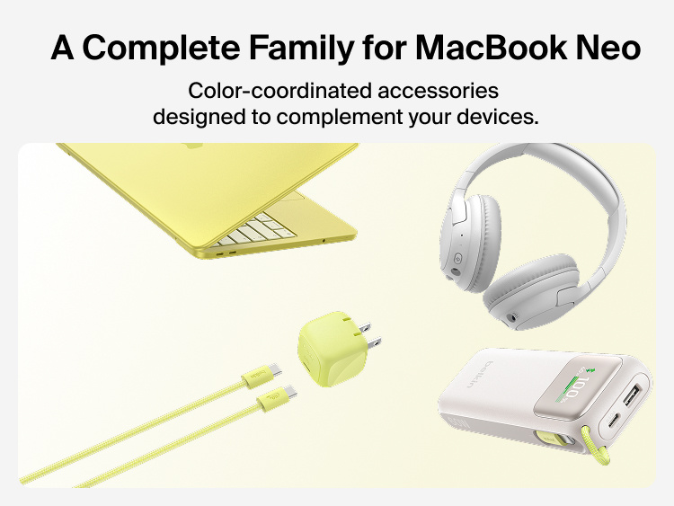 Belkin charging accessories for MacBook Neo include a compact USB-C charger, braided USB-C cable, headphones, and power bank designed to complement compatible devices.