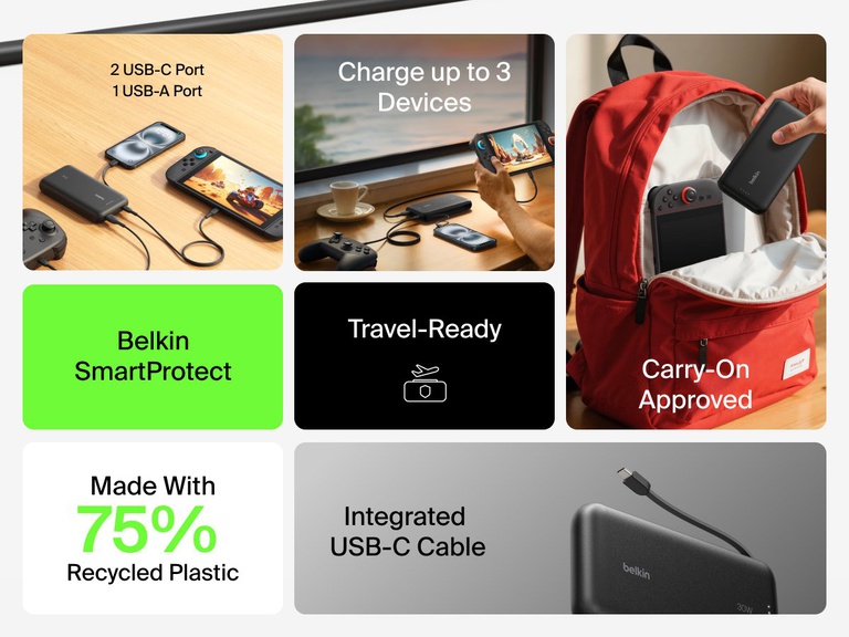Belkin Gaming Power Bank 20K (30W) for Nintendo Switch 2 features an integrated USB-C cable, charges up to three devices, and is travel-ready with carry-on approval and SmartProtect safety.