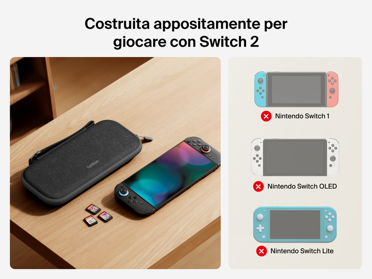 La custodia da viaggio Belkin Gaming è mostrata accanto ad un Nintendo Switch 2, con icone indicanti la compatibilità esclusiva con Switch 2 (e non con i modelli Switch 2, OLED o Lite).