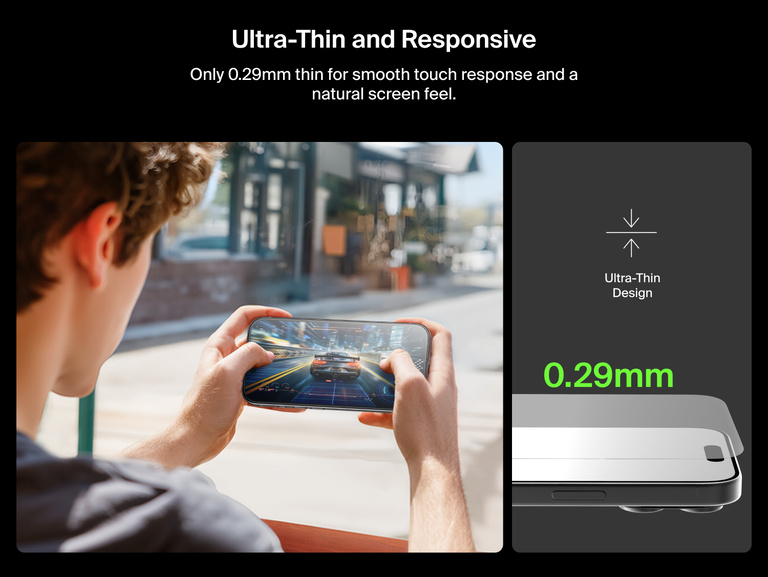 Belkin ScreenForce UltraGlass 2 Screen Protector is ultra-thin at 0.29mm for smooth touch response and a natural screen feel.