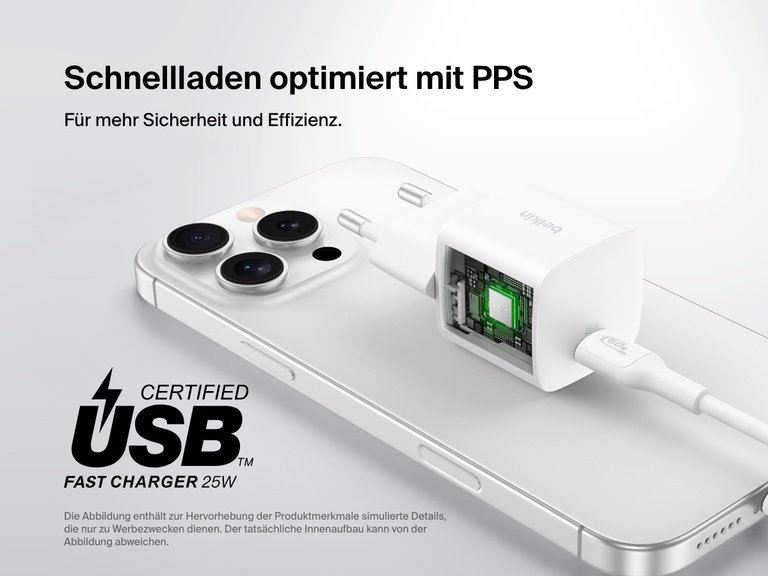 Belkin BoostCharge USB-C Wall Charger 25W shown with a visual cutaway highlighting PPS optimized fast charging for enhanced safety and efficiency.
