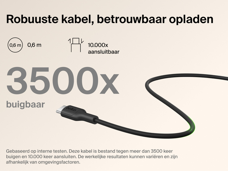 Belkin BoostCharge Slim Magnetic Power Bank 5K with Qi2 includes a durable USB-C to USB-C cable designed for long-lasting, reliable charging performance.
