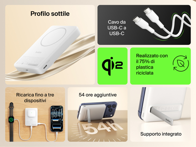 Slim Magnetic Power Bank 10K with Qi2 highlighting slim profile, kickstand support, multi-device charging, and included USB-C cable