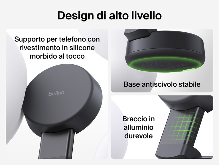Il caricabatteria magnetico convertibile 2 in 1 con Qi2 25W Belkin UltraCharge Pro &egrave; dotato di un supporto per telefono con rivestimento in silicone morbido, un braccio durevole in alluminio e una base antiscivolo stabile per offrire un'esperienza di ricarica di alta qualit&agrave;.