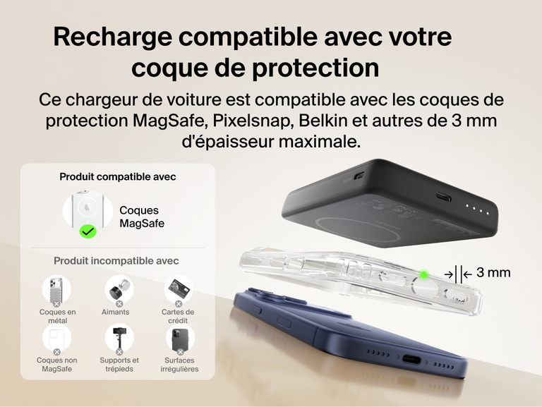 Slim Magnetic Power Bank 10K with Qi2 positioned above smartphone with case showing compatibility and magnetic attachment spacing