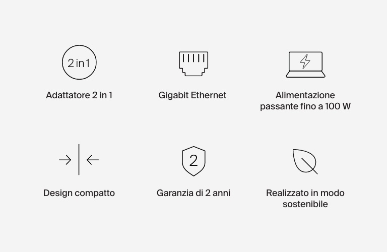 Adattatore da USB-C a Ethernet + ricarica con porta Gigabit Ethernet e USB Power Delivery fino a 100 W.