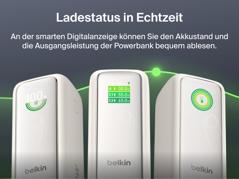 Nahaufnahme der UltraCharge Powerbank 22K mit einziehbarem Kabel, deren intelligentes digitales Display nacheinander den Akkustand in Prozent, die Ausgangsleistung pro Anschluss in Watt und die Temperatur anzeigt