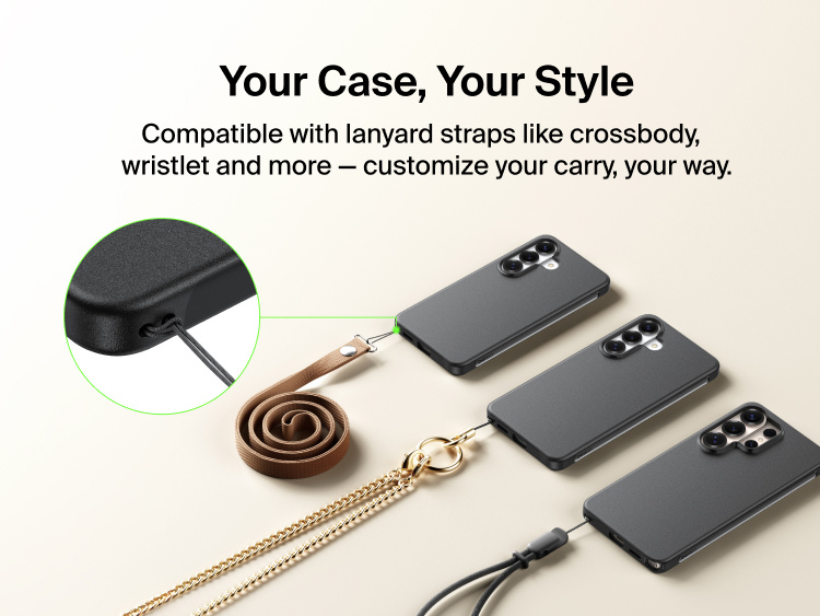 Belkin SheerForce Protect Series Case for Samsung Galaxy S26 shown compatible with lanyard straps, allowing customizable carry options like crossbody or wristlet for everyday use.