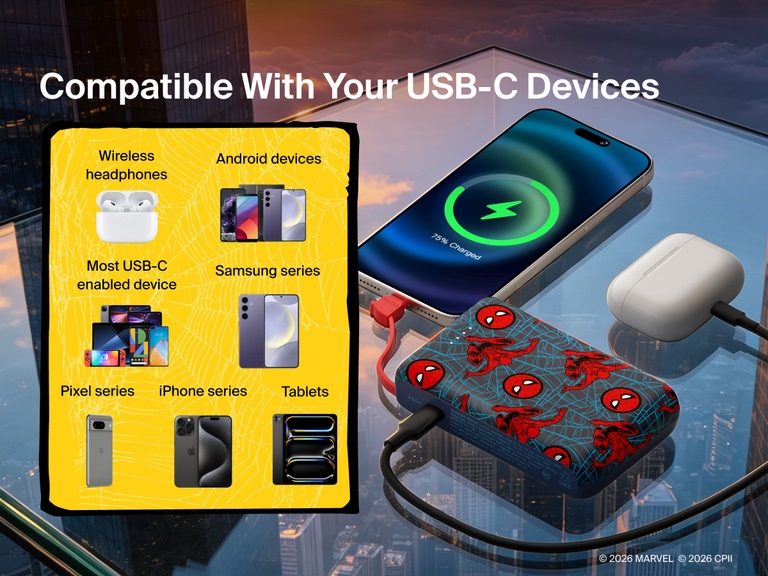 Belkin BoostCharge Power Bank 10K with Integrated Cable compatible with USB-C smartphones, tablets, wireless earbuds, and other USB-C enabled devices.