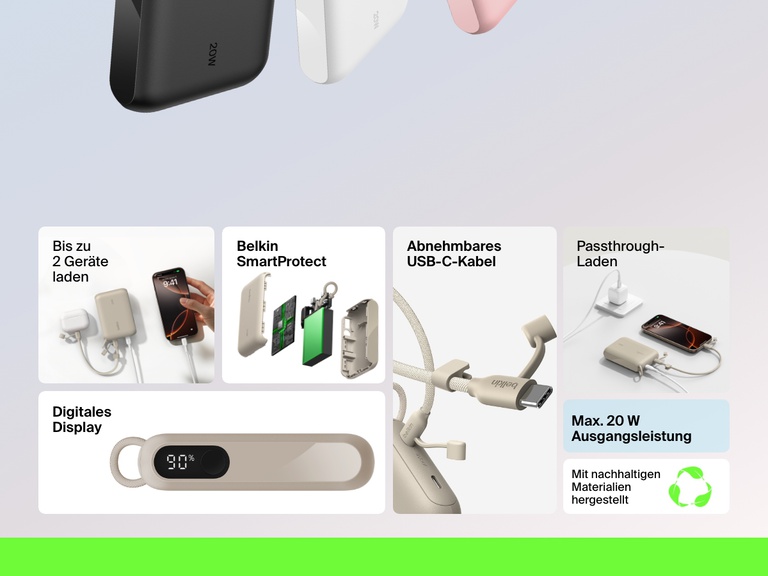 Infografik, die die wichtigsten Funktionen der Belkin BoostCharge Powerbank 10K mit Display zeigt: 20-Watt-Ausgangsleistung, Aufladung von zwei Geräten, digitale Akkustand-Anzeige, abnehmbares USB-C-Kabel, Laden per Passthrough, Belkin SmartProtect und nachhaltige Materialien.