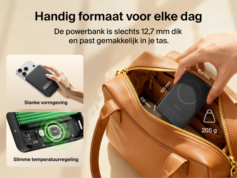 Slim Magnetic Power Bank 10K with Qi2 placed inside bag showing compact size and portability with dimension callouts