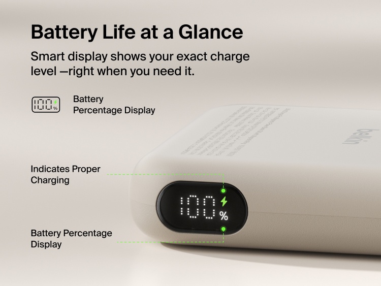 Close-up of Belkin UltraCharge Pro Power Bank 10K with magnetic ring showing a smart battery percentage display that indicates exact charge level and proper charging status.