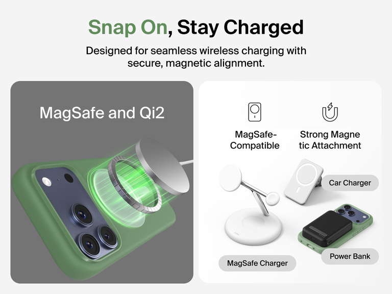 Belkin ScreenForce Protect Series Case for iPhone 17 with raised edges for screen and camera protection, designed for seamless magnetic wireless charging.