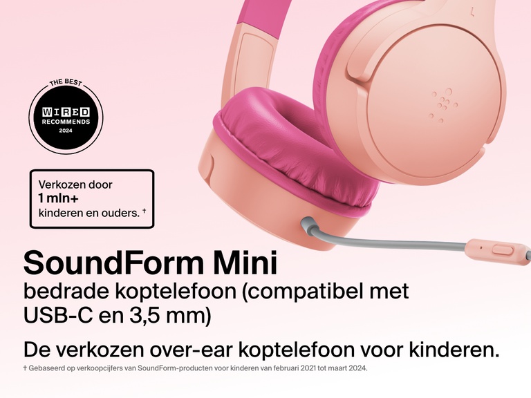 Close-up image of the Belkin SoundForm Mini Wired On-Ear Headphones for Kids, featuring a detachable boom mic and compatibility with USB-C and 3.5mm, promoted as the top choice for over one million kids and parents.