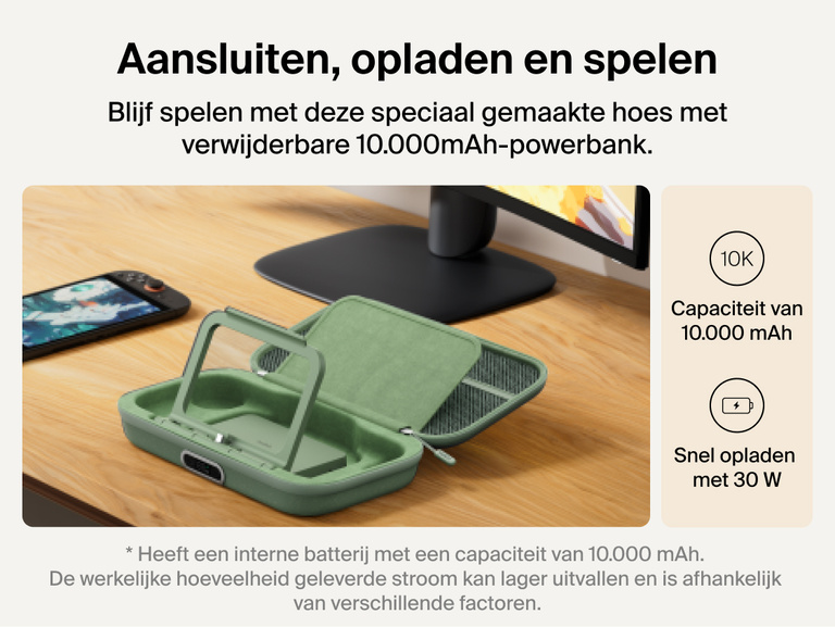 Belkin Gaming Charging Case Pro for Nintendo Switch 2 shown with detachable 10,000 mAh power bank, flip-up stand, and 30W fast charging for extended connected gameplay.