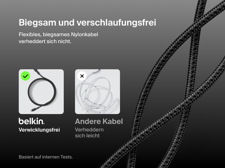 Belkin BoostCharge USB-C to Micro-USB Braided Cable 15W displayed with soft, flexible nylon construction that resists tangling, shown alongside a comparison to typical easily tangled cables.