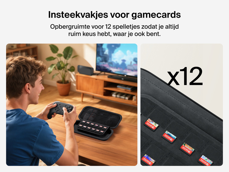 Een man met een controller naast de Belkin Gaming opberghoes voor de Nintendo Switch 2 met gemakkelijk toegankelijke insteekvakjes voor 12 gamecards.