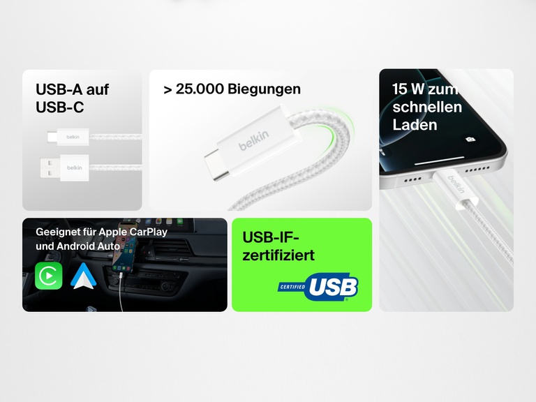Infografik, in der das Belkin BoostCharge USB A auf USB C Kabel (15 W) gezeigt wird, das mehr als 25.000 Biegungen standhält, über eine USB-IF-Zertifizierung verfügt und sich zum Schnellladen mit 15 W sowie für Apple CarPlay und Android Auto eignet.