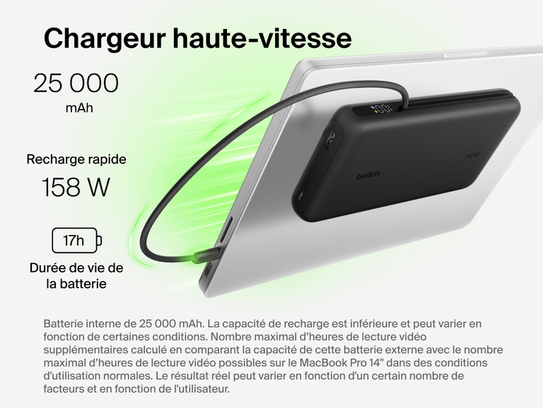 Belkin UltraCharge Pro Laptop Power Bank 25K delivering up to 158W fast charging with integrated USB-C cable connected to a laptop, 25,000 mAh capacity and digital display