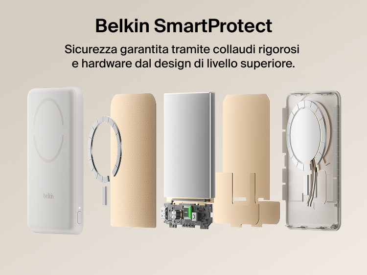Belkin BoostCharge Slim Magnetic Power Bank 5K with Qi2 shown with Belkin SmartProtect internal components designed for safe, reliable charging performance.