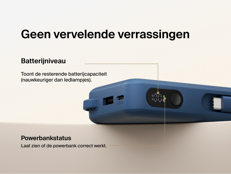 Belkin UltraCharge 10K power bank with integrated USB-C cable and digital display showing real-time battery percentage and charging status