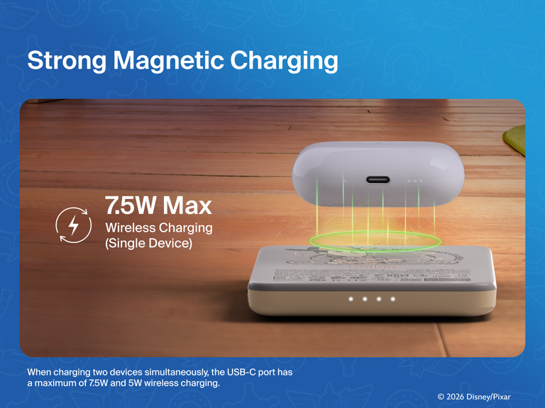 Belkin BoostCharge Slim Magnetic Power Bank 5K shown wirelessly charging earbuds, demonstrating 7.5W max magnetic wireless charging for single-device power.