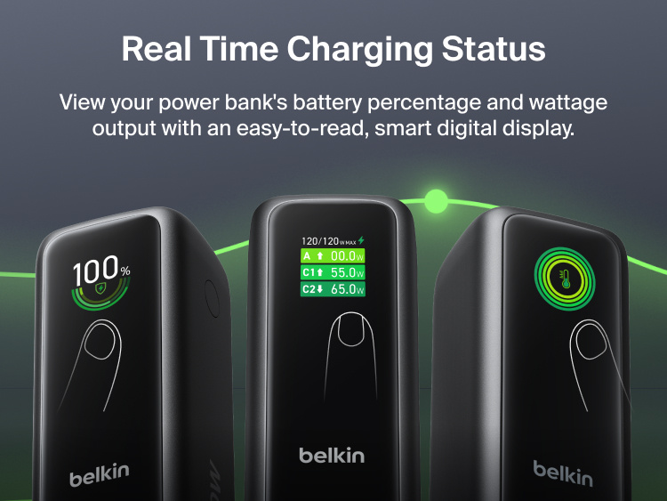 Close-up of the UltraCharge Power Bank 22K with Retractable Cable's smart digital display cycling through battery percentage, wattage output per port, and temperature status screens