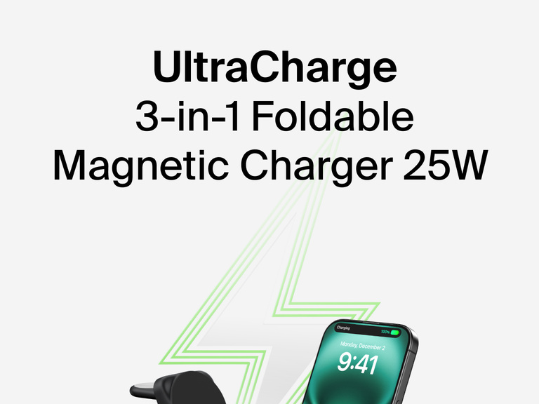 Belkin UltraCharge 3-in-1 Foldable Magnetic Charger with Qi2 25W shown charging an iPhone, with a green lightning bolt graphic in the background.